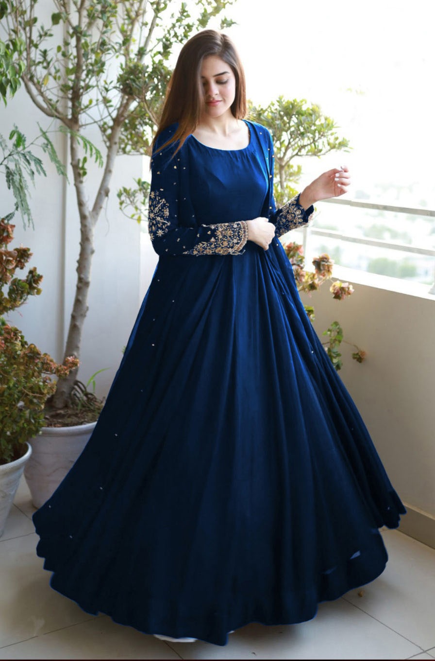 Stitched EMBROIDERED PEARLS ATTACHED GOWN WITH MAXI AND TROUSER