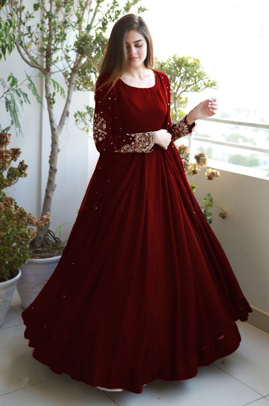Stitched EMBROIDERED PEARLS ATTACHED GOWN WITH MAXI AND TROUSER