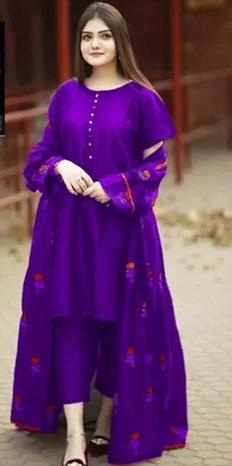 Stitched Flower Embroidery Gown With Sleeves Neck Lace 3 pcs