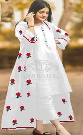 Stitched Flower Embroidery Gown With Sleeves Neck Lace 3 pcs