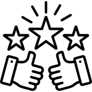 Two hands giving thumbs up with three stars above them, black and white icon.
