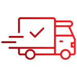 Red delivery truck icon with a check mark on a white background